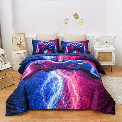 Meeting Story Gamer Gaming Bedding Sets Red Blue Lightnings Gamepad Comforter Set for Boys Games Console Action Buttons Novelty Colorful Modern Room Decor Home Quilt Set (Blue-Purple, Twin 5Pcs)
