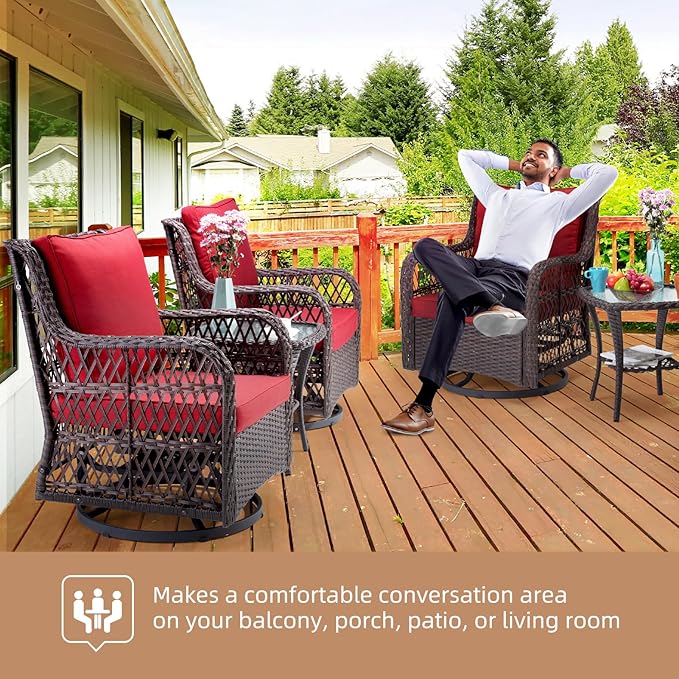 IDEALHOUSE 3 Pieces Outdoor Wicker Swivel Rocker Patio Set, 360-Degree Swivel Rocking Chair Elegant Wicker Patio Bistro Set with Tempered Glass Top Side Table (Red)