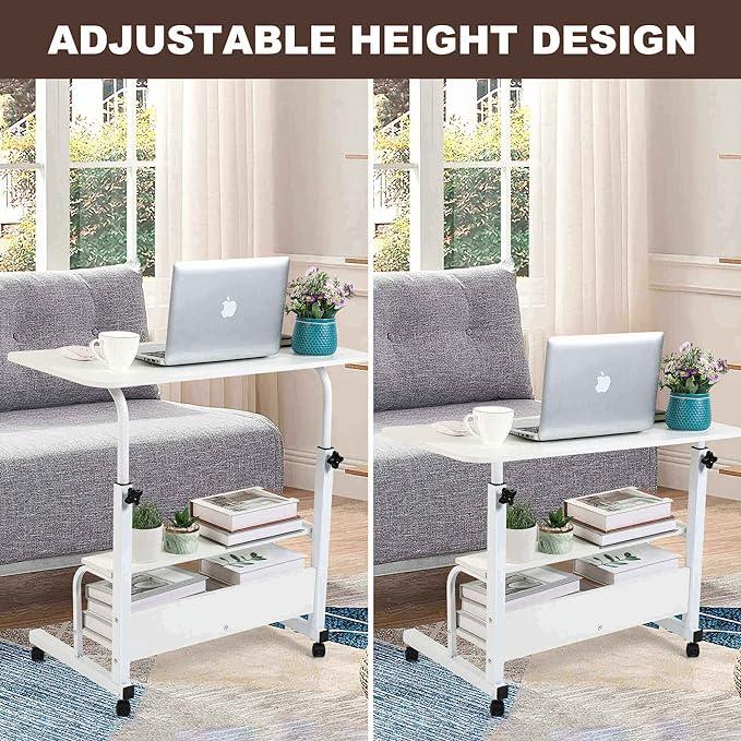 Adjustable White Home Office Desk with Storage and Detachable Wheels - 15.7 x 31.5 Inch