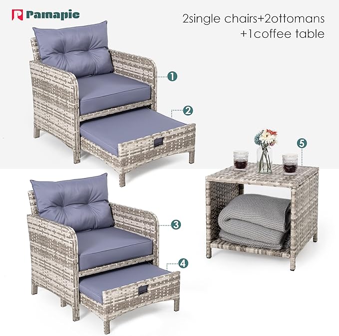 Pamapic 5 Pieces Wicker Patio Furniture Set Outdoor Patio Chairs with Ottomans Conversation Furniture with coffetable for Poorside Garden Balcony(Purple Cushion + Grey Ratten)…