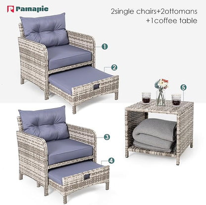 Pamapic 5 Pieces Wicker Patio Furniture Set Outdoor Patio Chairs with Ottomans Conversation Furniture with coffetable for Poorside Garden Balcony(Purple Cushion + Grey Ratten)…