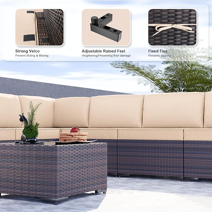 Kullavik 9PCS Outdoor Patio Furniture Set PE Wicker Rattan Sectional Sofa Patio Conversation Sets,Sand