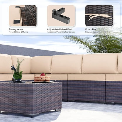 Kullavik 9PCS Outdoor Patio Furniture Set PE Wicker Rattan Sectional Sofa Patio Conversation Sets,Sand