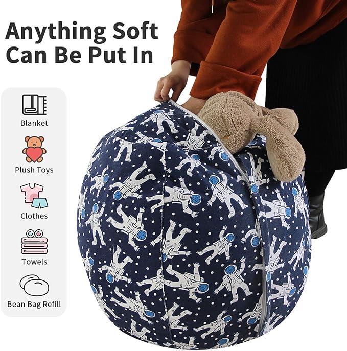 2 PCS Stuffed Animal Storage Bean Bag Chair Cover, Cotton Canvas Beanbag with Zipper for Organizing Kid's and Adults Room Blue Astronaut 24"