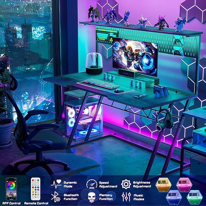 Gaming Computer Desk with Hutch and LED Lights, 55'' Black Gaming Desk with Storage Shelves, Reversible PC Gaming Desk with Pegboard, Ergonomic Desk for Bedroom, Carbon Fiber Surface