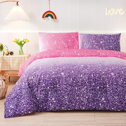 Holawakaka Kids Space Star Glitter Comforter Set Ombre Red & Purple Print Gradient Bedding Set Full Size (Red purple, Full)