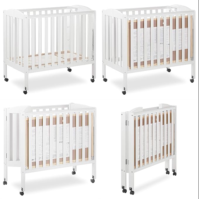 3 in 1 Portable Folding Stationary Side Crib in White, Greenguard Gold Certified, Safety Wheel with Locking Casters, Convertible, 3 Mattress Heights
