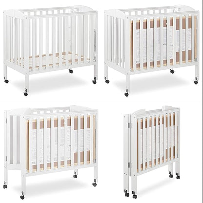 3 in 1 Portable Folding Stationary Side Crib in White, Greenguard Gold Certified, Safety Wheel with Locking Casters, Convertible, 3 Mattress Heights