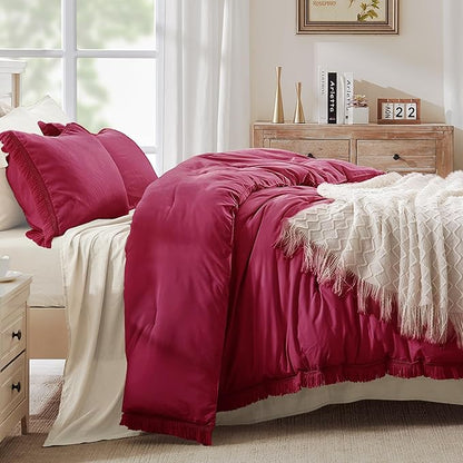 Andency Burgundy Red Tassel Comforter Set Full(79x90Inch), 3 Pieces(1 boho Comforter, 2 Pillowcases) Farmhouse Shabby Chic Comforter Set, Soft Microfiber Lightweight Fringe Bedding Comforter Set