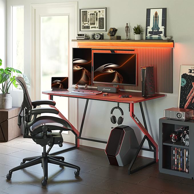 CubiCubi Simple Gaming Desk Z Shaped 47 inch Gamer Workstation, Home Computer Carbon Fiber Surface Gaming Desk PC Table with Headphone Hook