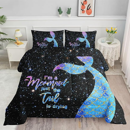 Datura home Bedding Comforter Set Black Starry Sky Mermaid Printed Pattern Quilt with 1 and 2 Pillowcases for Girls Bedroom All Season(Black Twin) Twin 68x86inches