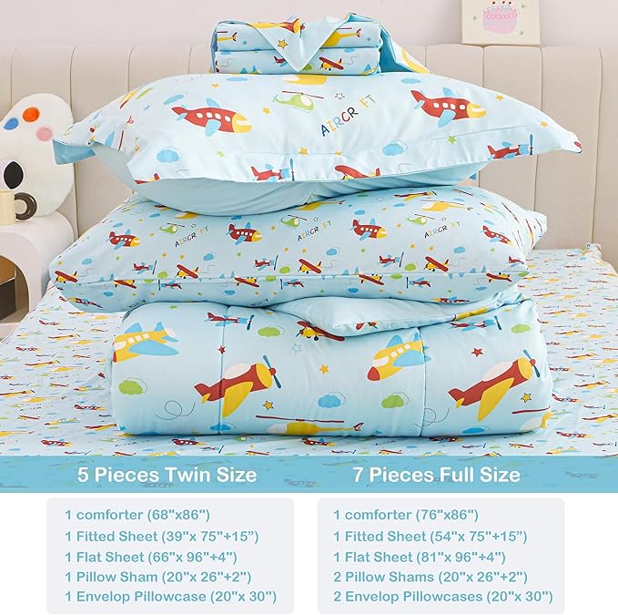 Mooreeke Bed in a Bag for Kids Boys Teens, 7 Pieces Full Size Aircraft Print Comforter Bed Set with Shams, Sheet Set, Airplane Blue Super Soft Microfiber Kids Comforter Bedding Set