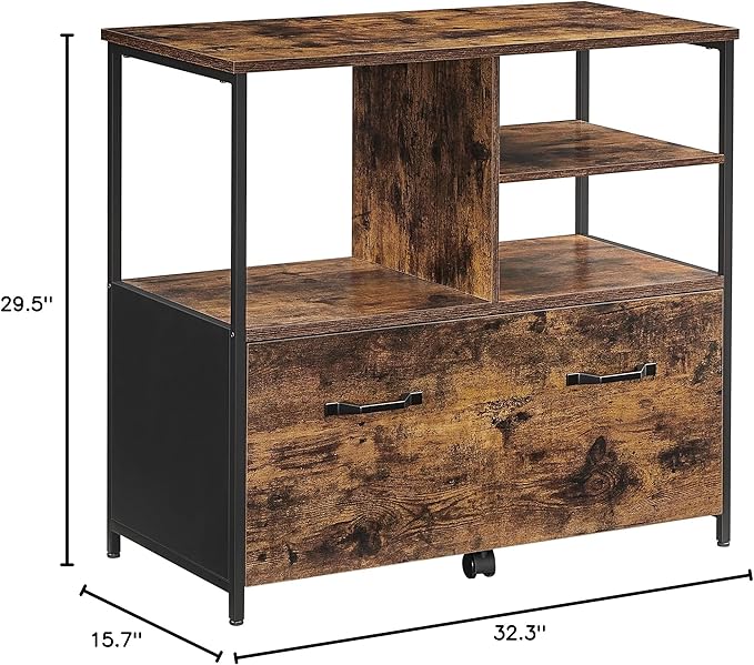 VASAGLE Lateral File Cabinet with Open Shelves and Drawer Mobile Filing Cabinet with Wheels
