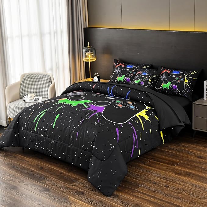 DORCAS Twin Size Gamer Comforter Set with Sheets for Boys,Game Console Black Bedding Set for Kids,6 Pieces Bedding Set Boys Colorful Graffiti Gaming Comforter,Sheets,Pillowcases (Black, Twin)