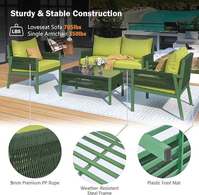 4 Piece Patio Furniture Set, Outdoor FSC Certified Acacia Wood Conversation Set, All-Weather Rope Sofa Set w/Tempered Glass Table, Loveseat for Lawn Balcony Poolside, Backyard, Backyard