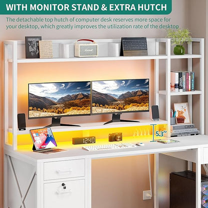 YITAHOME Computer Desk with Drawers & Hutch, 59.1" Office Desk with LED Lights & Power Outlets, Gaming Desk with Monitor Stand & Storage Shelves, White
