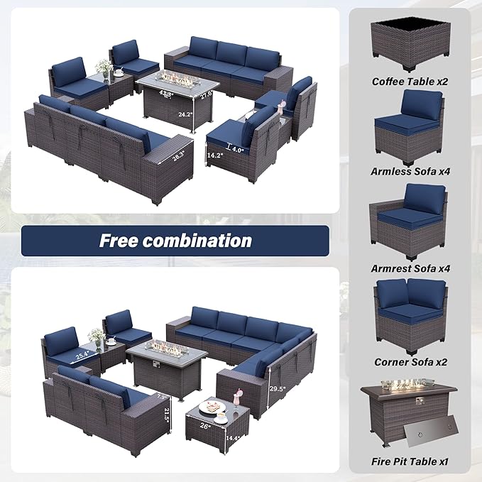 13PCS Patio Furniture Sectional Sofa Set PE Rattan Patio Conversation Set w/43in Gas Fire Pit Table, Outdoor Furniture with 55000 BTU Propane Fire Pit, Navy Blue