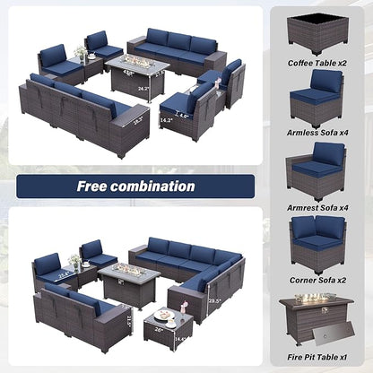13PCS Patio Furniture Sectional Sofa Set PE Rattan Patio Conversation Set w/43in Gas Fire Pit Table, Outdoor Furniture with 55000 BTU Propane Fire Pit, Navy Blue
