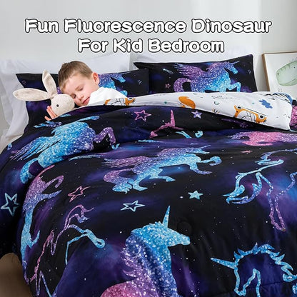 Meeting Story Dinosaur Comforter Set, Fluorescence Gradation Unicorn Twin Comforter Set, 3 PCS 1 Comforter and 2 Pillowcases in One Bag, All Season Bedspread for Kids Teens Adults（Full）