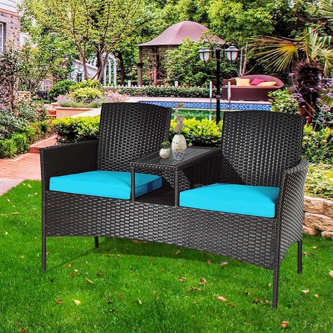 LUARANE Outdoor Rattan Sofas, Contract Patio Conversation Set Wicker Sofa Set with Built-in Coffee Table, Patio Furniture Set with Cushions, Rattan Loveseat for Lawn Backyard Garden (Brown+Blue)