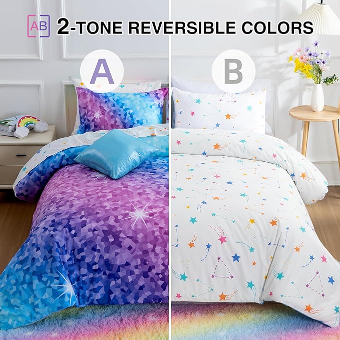A Nice Night 6Pcs Gradient Abstract Art Grid Mosaic Geometric Bedding Set for Girls, Colorful Rainbow Galaxy Comforter Set, Ultra Soft Bedding Sets (PinkBlue,Full 6Pcs)