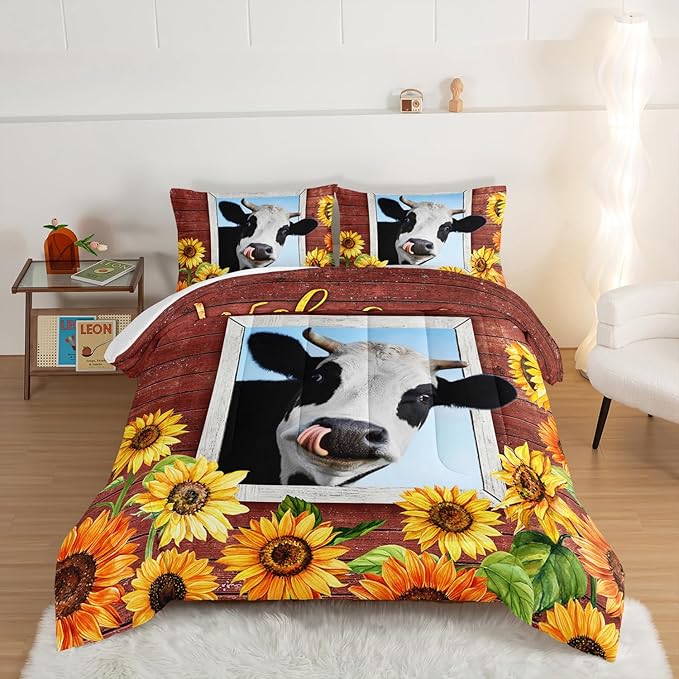 HOSIMA Farmhouse Animal Cow Comforter with 2 Pillowcases,Wooden Decor Terracotta Comforter for Adults Teens,Cow Print Bedding Room Decor,Sunflower Full Size Comforter Set.