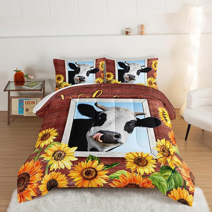 HOSIMA Farmhouse Animal Cow Comforter with 2 Pillowcases,Wooden Decor Terracotta Comforter for Adults Teens,Cow Print Bedding Room Decor,Sunflower King Size Comforter Set.