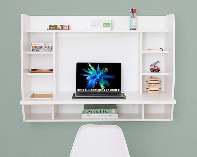 Wall Mount Laptop Office Desk with Shelves, White,