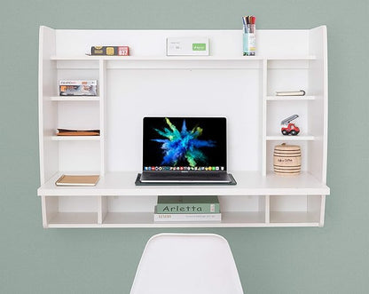 Wall Mount Laptop Office Desk with Shelves, White,