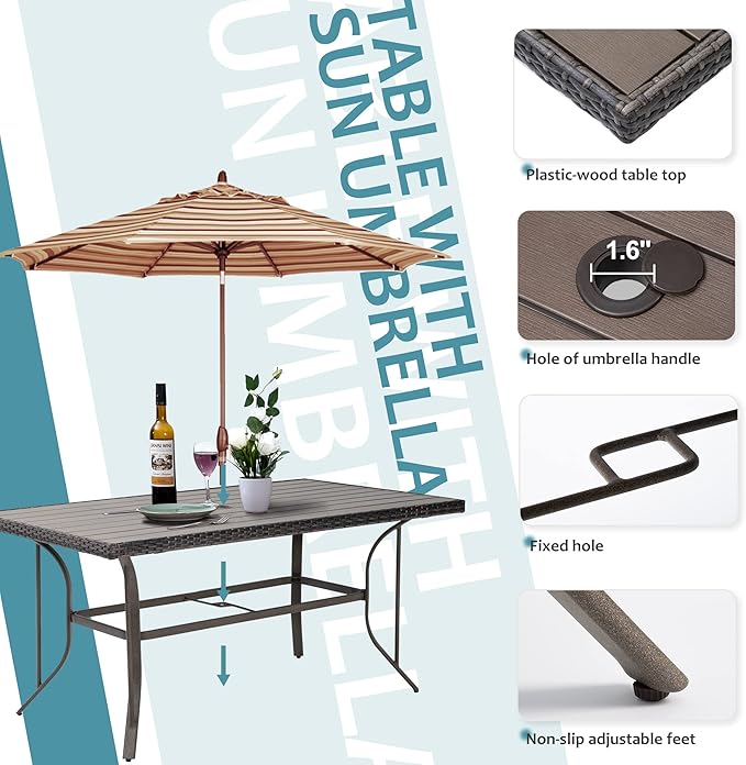 Patio Dining Set for 6, 7 PCS Patio Table & Chair Set, Metal Slatted Table with 2" Umbrella Hole, All-Weather Wicker Patio Dining Furniture with Removable Cushions for Deck, Lawn, Garden(Green)