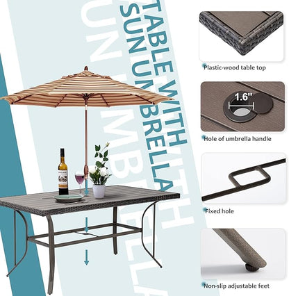 Patio Dining Set for 6, 7 PCS Patio Table & Chair Set, Metal Slatted Table with 2" Umbrella Hole, All-Weather Wicker Patio Dining Furniture with Removable Cushions for Deck, Lawn, Garden(Green)