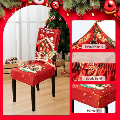 4PCS Christmas Dining Chair Covers Stretch Removable Washable Dining Room Chair Protector Slipcovers Santa Claus House Wreaths Kitchen Chair Cover Slipcover Protector for Xmas Holiday Party Home Décor