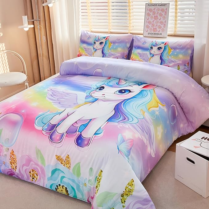 Unicorn Comforter Twin,Princess Twin Comforter,Girls Purple Comforter,Kids Twin Comforter Set for Girls,Unicorn Twin Bedding Set,Unicorn Room Decor