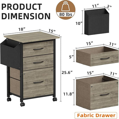 3 Drawer File Cabinet with 18'' Extended Board, Fabric Drawer, Mobile Filing Cabinet Fits A4/Letter Size Files, Rolling Printer Stand with Storage Bag, File Cabinet for Home Office, Grey