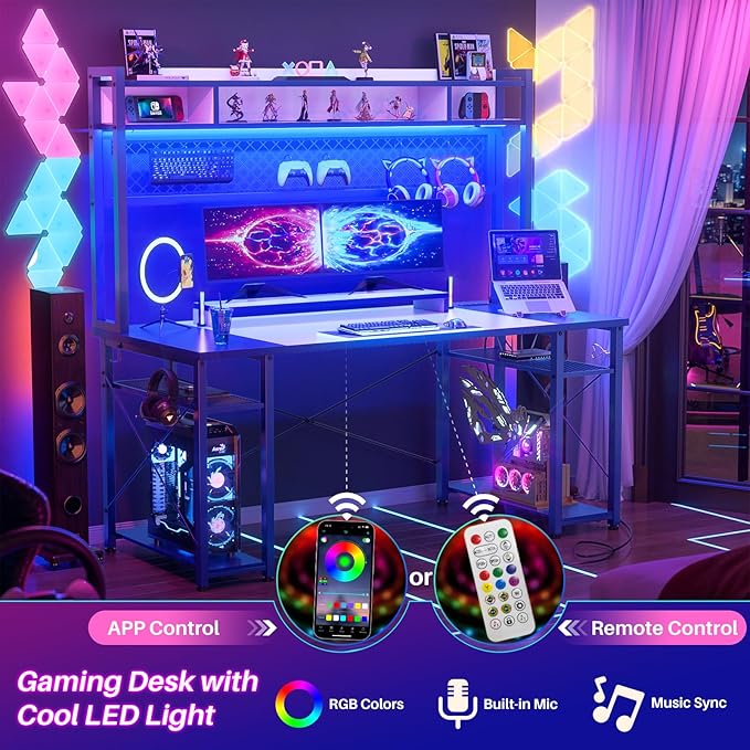 armocity 2024 Upgrade Gaming Desk with Hutch, 55.2'' Magic Computer Desk with LED Lights and Outlets, Reversible Workstation Desk with Pegboard and Monitor Stand, Gamer Desk PC Table, White and Blue