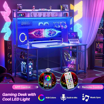 armocity 2024 Upgrade Gaming Desk with Hutch, 55.2'' Magic Computer Desk with LED Lights and Outlets, Reversible Workstation Desk with Pegboard and Monitor Stand, Gamer Desk PC Table, White and Blue
