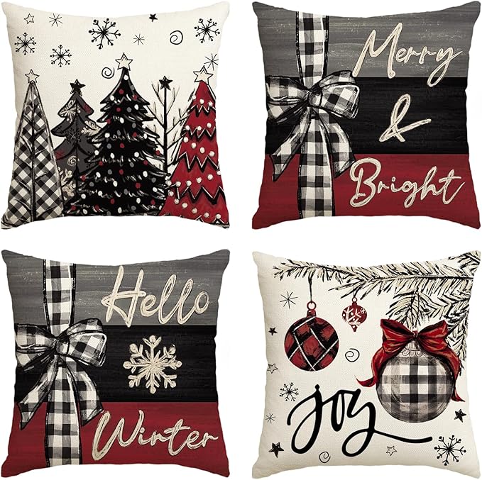 AVOIN colorlife Merry Christmas Joy Xmas Trees Red Throw Pillow Covers, 18 x 18 Inch Christmas Winter Holiday Cushion Case Decoration for Sofa Couch Set of 4