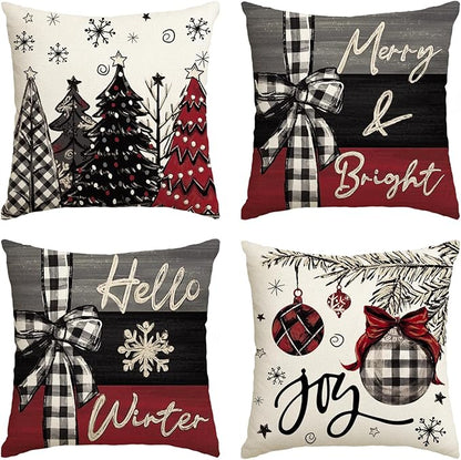 AVOIN colorlife Merry Christmas Joy Xmas Trees Red Throw Pillow Covers, 18 x 18 Inch Christmas Winter Holiday Cushion Case Decoration for Sofa Couch Set of 4