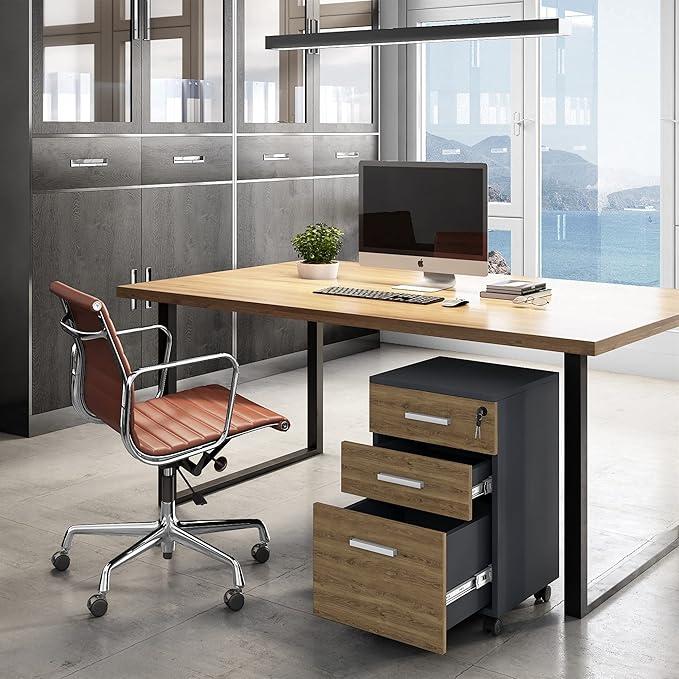 Lazio File Cabinet with Lock - Filing Cabinet for Home and Office - 3 Drawer Small Rolling File Cabinet -Wood Printer Stand with Storage for A4 Size/Legal Documents, File Folders (Cass Walnut/Black)