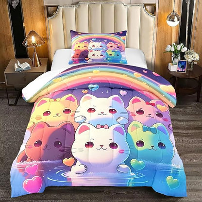 Rainbow Cat Comforter Twin Size - Rainbow Cat Bedding for Girls Room Cute Cartoon Rainbow Bedding Twin Comforter Sets for Kids, 1 Comforter+1 Pillowcase