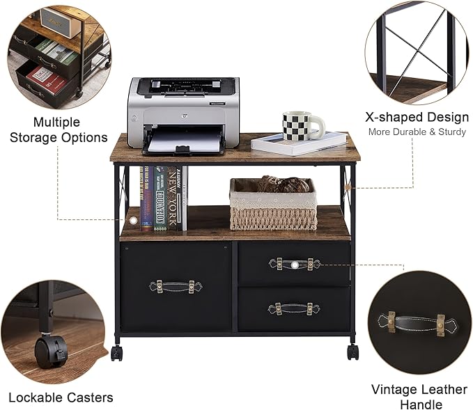 VECELO 3 Drawer Lateral File Cabinet Rolling Printer Stand with Open Storage Shelf, Fits A4 Or Letter Size, with Lockable Casters, Leather Handle, Ideal for Small Spaces, Brown+Black
