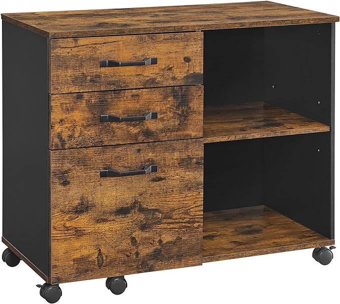 VASAGLE Lateral File Cabinet, Home Office Printer Stand, with 3 Drawers and Open Storage Shelves, for A4, Letter-Size Documents, Rustic Brown + Black