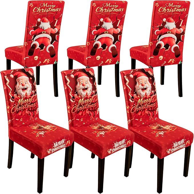 6PCS Christmas Dining Chair Covers Stretch Removable Washable Dining Room Chair Protector Slipcover 3D Print Santa Claus Deer Kitchen Chair Cover Slipcovers Protector for Xmas Holiday Party Home Décor