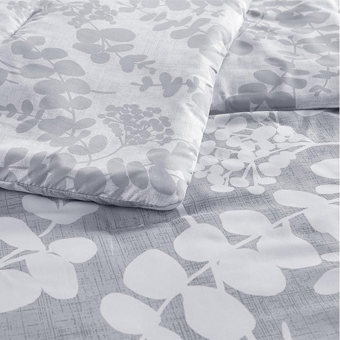 Codi Gray Floral Comforter Set King Size, Botanical Bedding Sets | Nature Style, Unique Reversible Design, Better for Spring and Summer | Leaf Print 3 Pieces