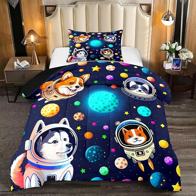 Dogs Twin Comforter Set for Boys - 2Pcs Lovely Pets Animals Theme Bedding Set for Boys Bedroom Kids Room Decor Cute Corgi Husky Alaska Pattern Soft Comforter with 1 Pillowcase for All Season