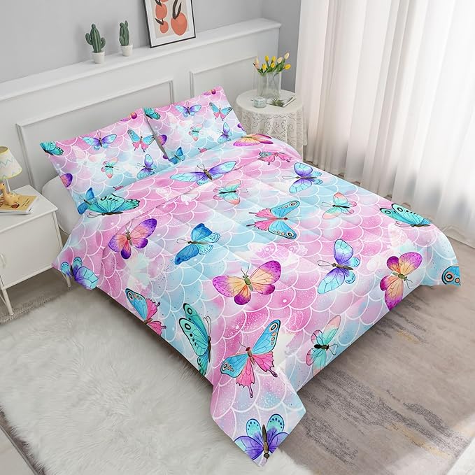 Datura home Kids Comforter Set Mermaid Scale Butterfly Printed Pattern Bedding Set with 1 Comforter and 2 Pillowcases for Girls Boys Bedroom All Season(Mermaid Queen)