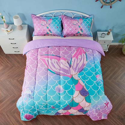 Full Size Comforter Sets for Girls Mermaid Tail Rainbow Scales Bedding Set 3 Pieces Full Comforter with 2 Pillowcases for Kids, Teenagers
