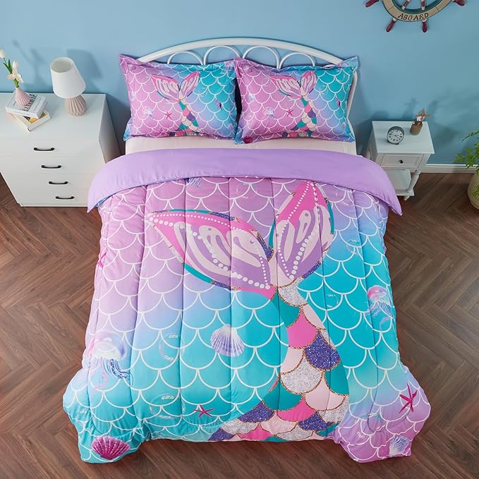 Twin/Twin XL Comforter Set for Girls Mermaid Tail Rainbow Scales Bedding Set 2 Pieces Twin Size Comforter with Pillowcase for Kids, Teenagers