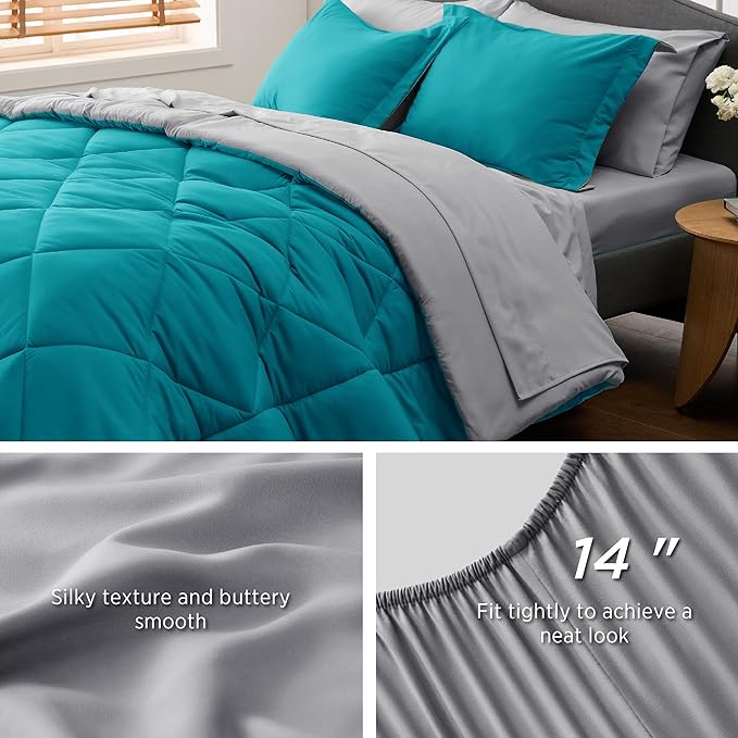 Bedsure Teal Full Size Comforter Set - 7 Pieces Reversible Bed in a Bag Set with Comforters, Sheets, Pillowcases & Shams