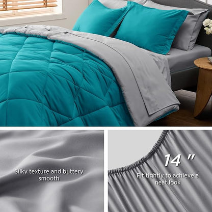 Bedsure Teal Queen Comforter Set - 7 Pieces Reversible Queen Bed in a Bag Queen Bed Set with Comforters, Sheets, Pillowcases & Shams, Queen Bedding Sets